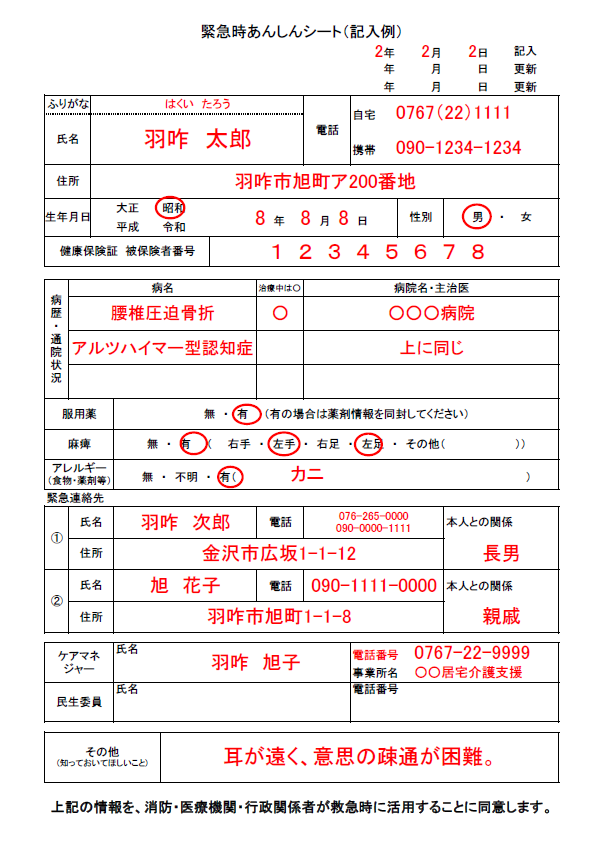 緊急時あんしんシート記載例