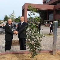 姉妹都市提携30周年を記念し、新井市長と辻󠄀角副市長が、モクセイを前に握手