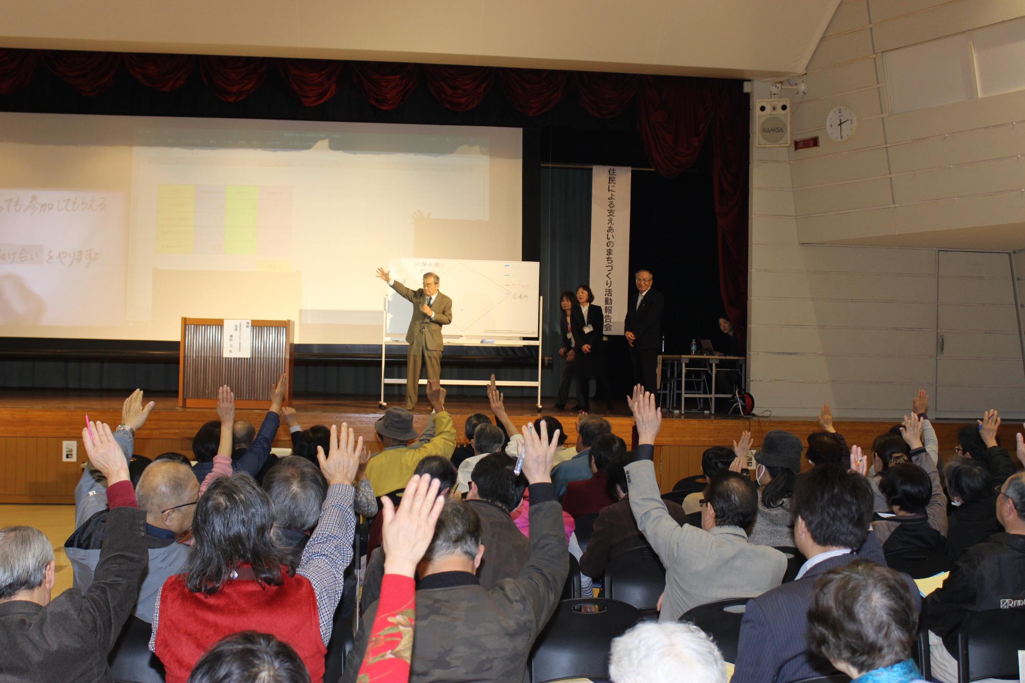 堀田氏が参加者の“助け合いのまち”を目指すため、参加者の思いを挙手で確認