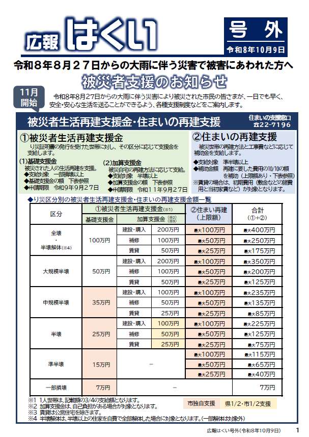 【防災】広報はくい 号外 被災者支援のお知らせ 2026年(令和8年) 10月9日